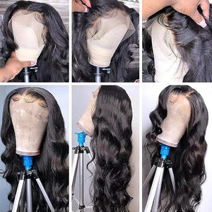 BELE 32 Inch Body Wave Lace Front Wigs Human Hair 13x4 Skinlike Real HD Lace Front Wigs Glueless Wigs Pre Plucked Brazilian Virgin Frontal Wigs Human Hair 180% Density Body Wave Wig with Baby Hair