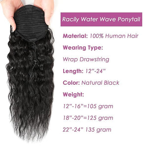Human Hair Water Wave Drawstring Ponytail Extensions - Natural Black Corn Wave for Black Women - Clip in Extensions (18")