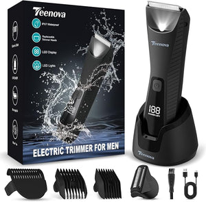 Pubic &amp Body Hair Trimmer for Men 2 in 1 Electric Ball Groin Razor Shaver with Ceramic Blade No Nick Mens Grooming Kits for Wet/Dry Use Cordless Charging Groomer with Led Display Black