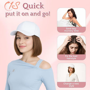 SEGO Hat Wig Hat with Hair Attached for Women White Baseball Cap with Hair Extensions Short Bob Baseball Cap Wig Adjustable Hats for Daily Party 6 Inch #10P22T Medium Brown Mix Dark Blonde
