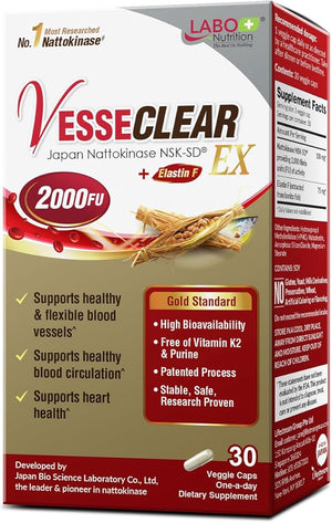LABO Nutrition VesseCLEAR EX: Nattokinase NSK-SD+Elastin F for Clean &amp; Flexible Blood Vessel. Japan's Most Research Proven, Functional Dose, Acid-Resistant/Delayed Release Capsules