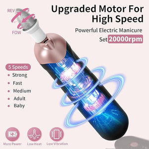 Professional Manicure Pedicure Kit Cordless Electric Nail File Set Rechargeable Pedicure Tools for feet 5 Speeds Hand Foot Care Nail Drill for Thick Nail Toenail Cuticle Women Men Baby Pets