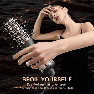 Travel Dual Voltage Blow Hair Dryer Brush 4-IN-1 Portable Mini Hot Air Dryer Straightener &amp Curler Brush Titanium 2-Inch Blowout Styler Volumizer Tool 110/240V US/EU/UK Plug for International Tr
