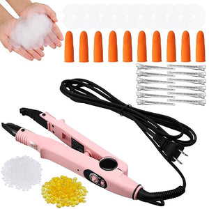 Hair Extensions Iron Fusion Keratin Hair Extensions Heat Tool Heat Connector Wand with Fusion Glue Protector Template Hair Clip Finger Protector 2 Bag Keratin Glue Granule Bead(Light Pink)