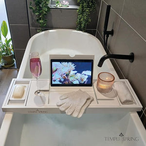 Temple Spring Wooden Bathtub Tray Bamboo Bathroom Accessories Bath Tray for Tub at Home Spa Essentials Board for Tub Table Bath Caddy for Bathtub Accessories &amp Bathroom Essentials ? White