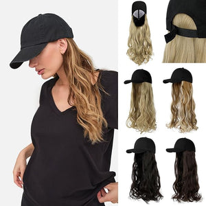 Baseball Hat WigHat with Hair attached 24'' Adjustable Black Cap with Long Wavy Synthetic Hair Extensions for Women Girls(Light Auburn)