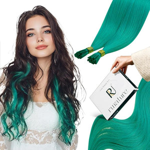 RUNATURE I Tip Hair Extensions Real Human Hair, 14 Inch Teal Green Hair Extensions, Colorful Highlight Party Hair Itip Human Extensions, Cold Fusion Pre Bonded Natural Hair, 20g 25s