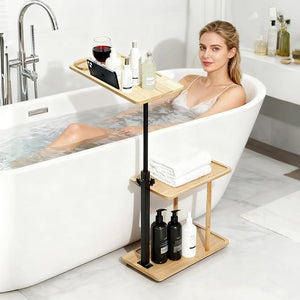 3 Layer Bathtub Tray TableBamboo Swivel Bathtub Side Table Height AdjustableFreestanding Bathtub Tray for Tub Against WallBathtub Accessories&ampBathroom Organizer for Luxury Home Spa (Natural1)