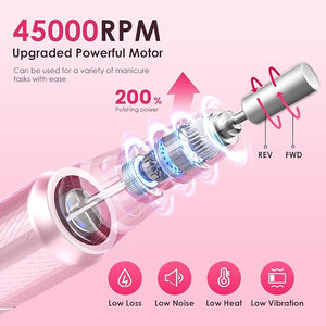 Professional Electric Nail Drill 45000RPM (Portable &amp; Rechargeable) (with 11 Drill Bits ) Cordless Nail File Machine for Shaping, Polishing &amp; Removing Gel Nails for Salon Home (Pink)