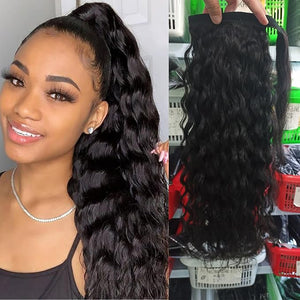 Human Hair Ponytail Extension Water Wave Magic Paste Wavy Natural Curly Ponytail 100% Real Remy Hair Natural Black Pony Tails Hair Extensions For Black Women (16)