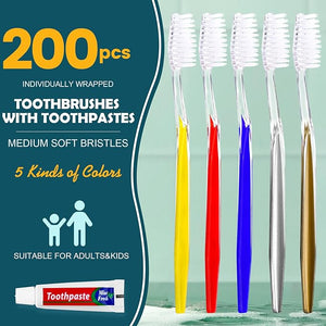 Navona 200 PCS Disposable Toothbrush with Toothpaste Bulk Travel Toothpaste Bulk Toothpastes Individually Wrapped Bulk Toothbrush Ergonomics HandleMedium Soft Bristle Perfect for Travel Hotel