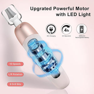 Electric Nail Drill Cordless Nail File Professional Manicure Pedicure Kit 9 in 1 Hand Foot Rechargeable Care Tool 10 Speeds Electric Nail File Grinder for Thick Toenail Trim Polish Pink