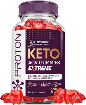 Justified Laboratories Proton Protein Keto ACV Gummies Extreme 2000MG Proton Keto Gummies Apple Cider Vinegar Formulated with Pomegranate Beet Juice Powder B12 Vegan Non GMO 60 Gummys