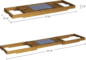 Acacia Bathtub Tray - Natural Wood Tray with Extended Sides, Wine Glass Holder, Book, Phone, or Tablet Rest - for Bath Accessories by Home-Complete