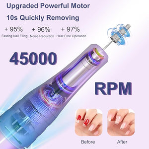 Professional Nail Drill Cordless 45000 RPM Meremit Electric Nail File with Diamond Decoration 12Pcs Drill Bits Large LCD Screen Rechargeable Electric Nail Machine Drill for Acrylic Gel Nail Polish