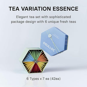 OSULLOC TEA VARIATION ESSENCE (42 Count 6 Types x 7 ea) Assorted Tea bag Sampler Exceptional Designed Variety Tea gift Set Premium Tea sets from Jeju Island tea farm