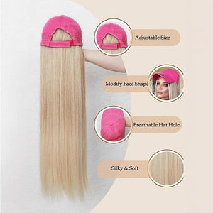 Baseball Cap with Attached Long Blonde Hair Extension Pink Hat with 22 Inch Straight Synthetic Hair.Heat Resistant Fiber Synthetic Hair for Fashion Women Hot Pink Baseball Cap