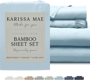 KARISSA MAE Cooling Bamboo Viscose King Sheet Set | 100% Organically Grown | 18¡± Deep Pocket | Silky Soft &amp Hypoallergenic | with Organizer Band &amp Elastic Corner Straps [Coastal Blue]