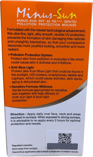Minus-Sun SPF40 PA+++ Pollution Protection Mousse (Ivory) 30 Gram. Facial Sun Protection Silky Smooth Plus UVA1 UVA2 and UVB Protection