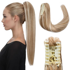 Hairro Claw Ponytail Extension Jaw On Clip On Ponytails Remy Hair Straight Balayage Two Tone Claw Clips Pony Tail Hairpiece For Women 22 Inch 120g #12P613 Golden Brown Mix Bleach Blonde