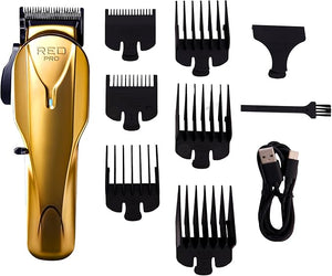 RED Pro Professional Cordless Hair Clipper for Men Electric Rechargeable Hair Clipper Set for Barbers and Stylists with Up to 150 Minutes Battery Life 6 Clippers Guide Included (Matte Gold)