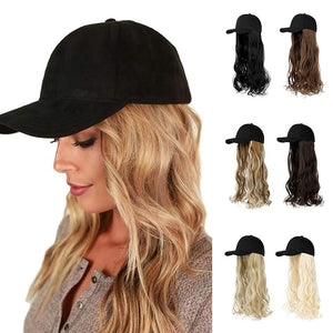 AynnQueen Baseball Cap with Hair Extensions for Women Adjustable Hat with Synthetic Wig Attached 24inch Long Wavy Hair Black Baseball Cap (Dark Black)