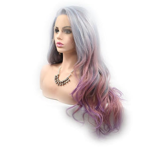 Xiweiya Multi-color Wig Side Part Ombre Grey to Purple Rainbow Synthetic Lace Front Wig Long Body Wave Wig Heat Resistant Fiber 13*4 Lace Front Wig High Density For Party Drag Queen 24inch for Women
