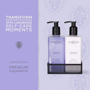 Pecksniff's Handwash Soap and Lotion Set, Stress Reducing, Aromotherapy Cleanser That Leaves Hands Soft and Lightly Scented (Lavender and White Tea, Black Caddy)