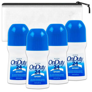 Avon On Duty Sport Anti-Perspirant Deodorant Travel Pack - Bundle of 4 Avon Sport 2.6 Oz 24 Hur Roll-Ons with Bag | Travel Size Deodorant Women