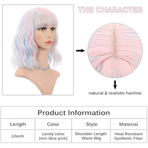 FAELBATY Mix Pink Wave Bob Wigs With Bangs Synthetic Cosplay Wig for Girl Shoulder Length Wig for Women Costume Wigs Candy Color(12 Mixed Blue Pink)
