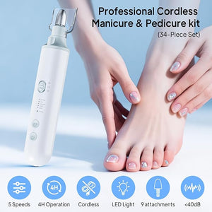 Cordless Nail Drill Electric Nail File: Professional Manicure Pedicure Kit for Acrylic Gel Nails Grind Trim Polish 5-Speed Brushless Electric Foot Callus Remover Nail Tool for Women &amp Men