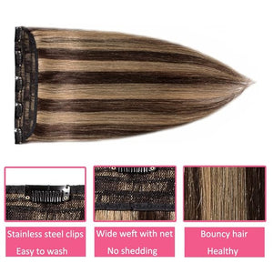 Hairro Clip in Hair Extensions 100% Human Hair Medium Brown Mix Dark Blonde Thin Clip on Remy Human Hairpieces 10 Inch Short Straight Standard Weft One Piece 5 Clips 40g for Women #4/27