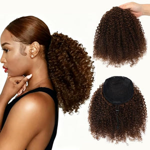 VADES Chocolate Brown Drawstring Ponytail Extension Human Hair for Black Women 12 inch Kinky Curly Clip in Ponytail Hair 100% Brazilian Virgin Curly Hair Extensions Color#4 With 3 Stable Combs