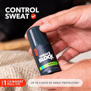 SweatBlock Antiperspirant Deodorant System | MAXIMUM CLINICAL STRENGTH for Men &amp; Women | Hyperhidrosis Aid for up to 7 Days Sweat Control | Roll On 1.2 fl oz + Sandalwood &amp; Amber Deo Stick 2.7