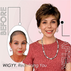 WIGYY Short Pixie Wigs for White Women ? Warm Brown with Copper Highlights Curly Synthetic Wig with Bangs Glueless Heat-Resistant Wigs Lightweight Realistic Wig for Older Women Daily Wear