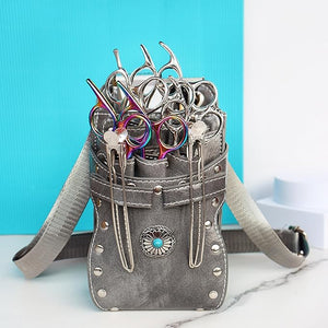 Hairdresser Waist Bag Shear Holder, 7-Slot Hairstylist PU Leather Barber Scissors Holster Pouch Tool Bag, Detachable Hair Cutting Organizer for Combs, Clippers, Spray Bottles (Grey)
