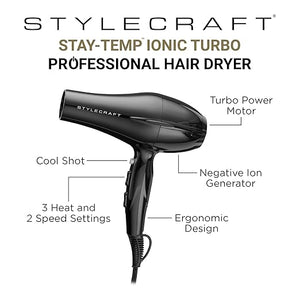 StyleCraft Peewee and Stay Temp Dual Voltage Travel Dryers, Lightweight Portable Size, Tri-Plex Technology, Ionic Turbo Motor, Concentrator Nozzle, Diffuser, Travel Bag, Black