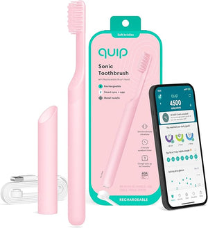 Quip Rechargeable Smart Sonic Toothbrush for Adults - Timed Electric Toothbrush with Bluetooth &amp Rewards App - Replaceable Brush Head Soft Bristles Metal Handle - Travel Toothbrush - All-Pink