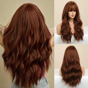 BERON Red Brown Wigs Long Wavy Women Wigs with Bangs Auburn Curly Heat Resistant Synthetic Wigs for Daily Wigs Wig Cap Included