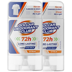 Dollar Deoderant Club (2 Pack) Premium Clear Stick Antiperspirant Deodorant. Clear Stick Solid Not a Gel Guaranteed to Never leave white marks. Citrus Scent 72-Hour Sweat &amp Odor Protection 2.7 o