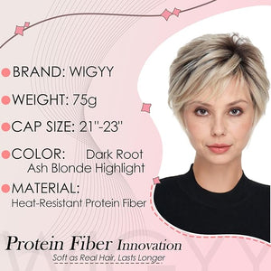 WIGYY Short Pixie Wig for White Women ? Curly Ash Blonde Wig with Dark Roots Heat-Resistant Synthetic Wig with Bangs Lightweight Glueless Cap for Older Women Daily Wear