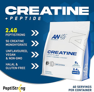 AN Performance Creatine + Peptide | Unflavored | 5g Creatine Monohydrate 2.4g PeptiStrong | Gluten-Free Low Carb Low Fat | Keto Friendly | 60 Servings