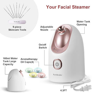 Newbealer Facial Steamer Mini Aroma Face Steamer Nano Ionic Hot Mist Face Humidifier for Facial Deep Cleaning Home Sauna Spa Sprayer with 9 Pieces Acne Remover Kit (White-Gold 160 ML)