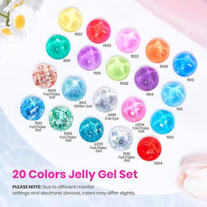 Beetles Jelly Gel Nail Polish Kit,20 Colors Neon Cat Eye Glitter Soak Off UV LED Gel Nail Kit Pink Orange Blue with Base Matte Top Coat for DIY Nail Art Sunbeam Jelly Gift for Women
