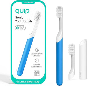 Quip Sonic Toothbrush for Adults with Timer - Includes Extra Brush Head and Travel Cover Mount - Electric Soft Bristle Refill Head Plastic Handle 3 Month Battery Life - Travel Toothbrush - Blue