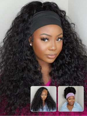 Nadula Water Wave Headband Wig Human Hair with Drawstring ? Glueless HookFit Wet and Wavy Half Wig Beginner Friendly Ready to Wear Clip in Half Wigs for Women Natural Black Color 20inch