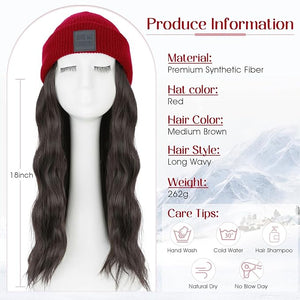 S-noilite Beanie Wig with Hair18 Inch Long Wavy Hair Extensions with Red Knitted Hat Hairpieces for Women Winter Medium Brown