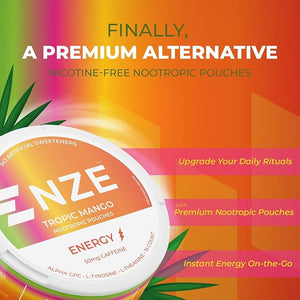 NZE Caffeine Nootropic Pouches (Tropic Mango) - Energy Pouches with 50mg Caffeine Alpha GPC L-Tyrosine &amp L-Theanine - No Sugar or Artificial Sweeteners - 15 Pouches Per Can - 5 Pack