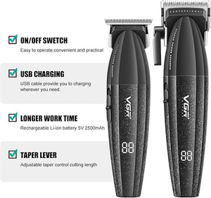 VGR 640 Professional Hair Clippers for Men 9000RPM Cordless Barber Clippers and Trimmers Set Zero Gap T-Blade Hair Cutting Kit DLC Coated Ceramic Blade Barber Kit with LED Display(Black)