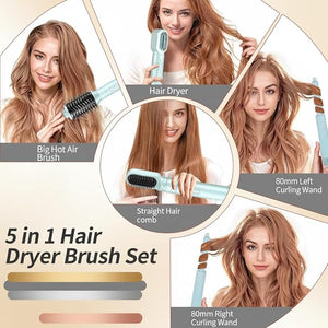 High-Speed 5 in 1 Hair Styler with Auto Curling Iron Straightener &amp Volumizing Hot Air Brush |Fast Drying Ionic Blowout No Heat Damage | Travel &amp Home Styling Tool (Blue)